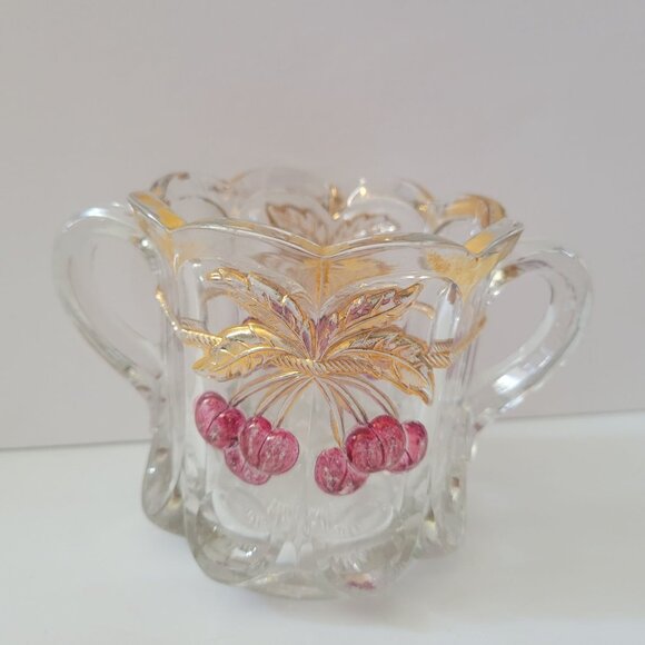 Vintage Mosser Clear Glass Sugar Bowl With Gold Trim & Pink Cherry Design - Picture 4 of 7